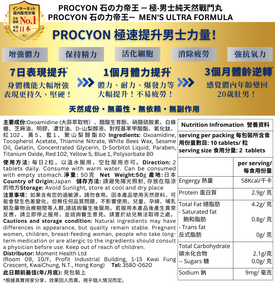 PROCYON 石の力帝王 —— 極‧男士純天然戰鬥丸 體齡逆轉Max份量成分 - MH Pro