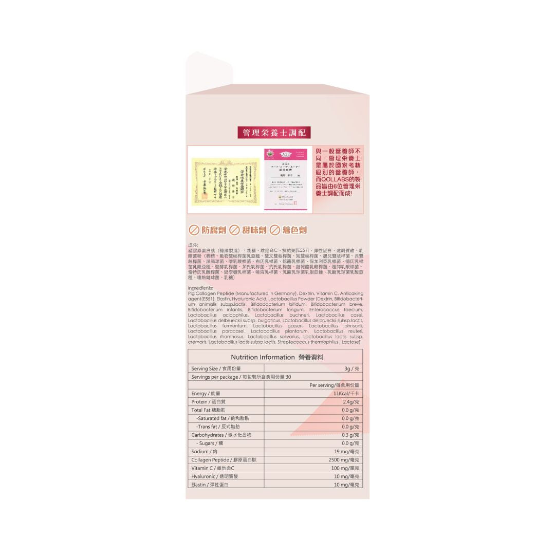 QOLLABS膠原蛋白粉外盒成分與資訊介紹